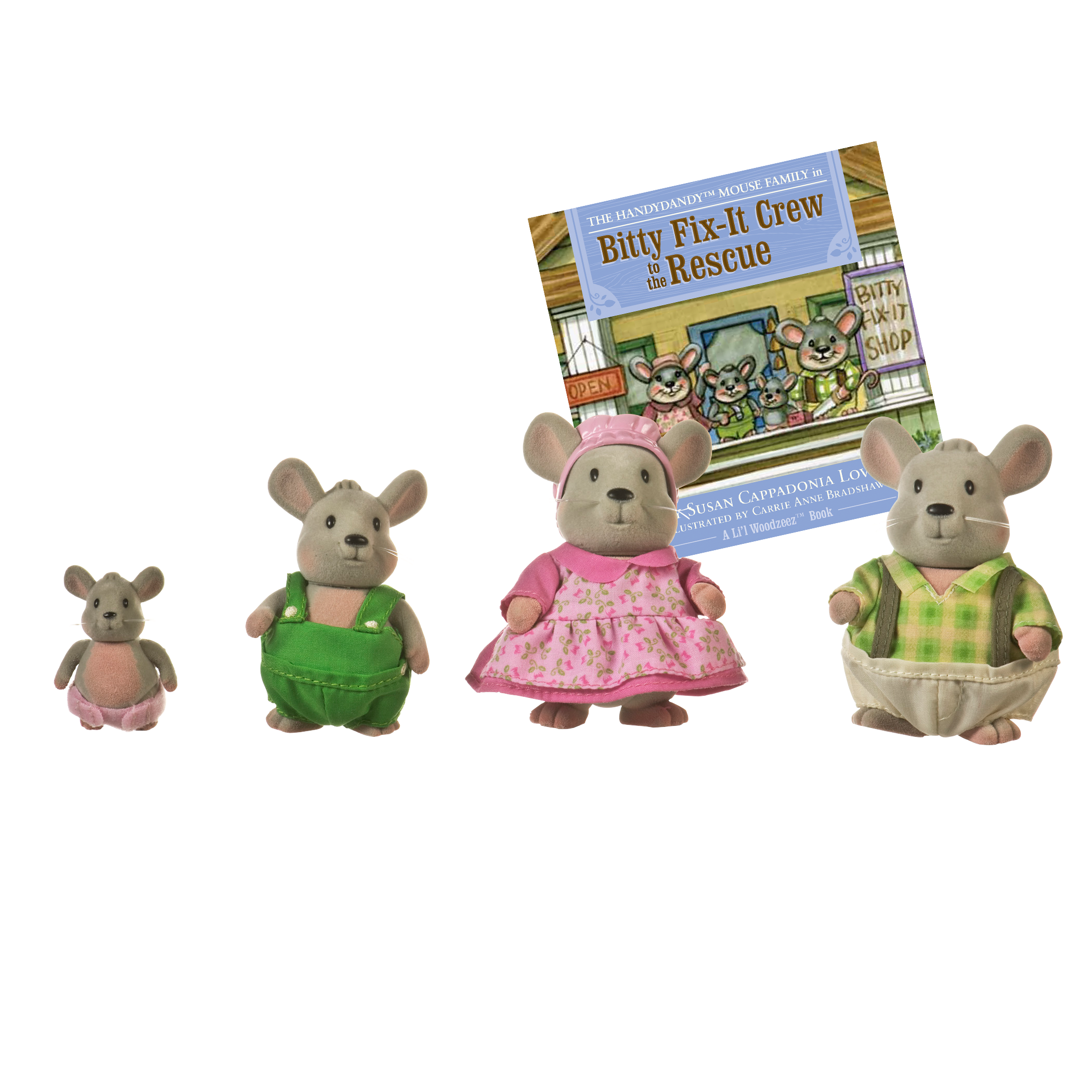 New in Package*Lil' Woodzeez Handydandy Mice/Mouse Family w/Storybook*Flocked 