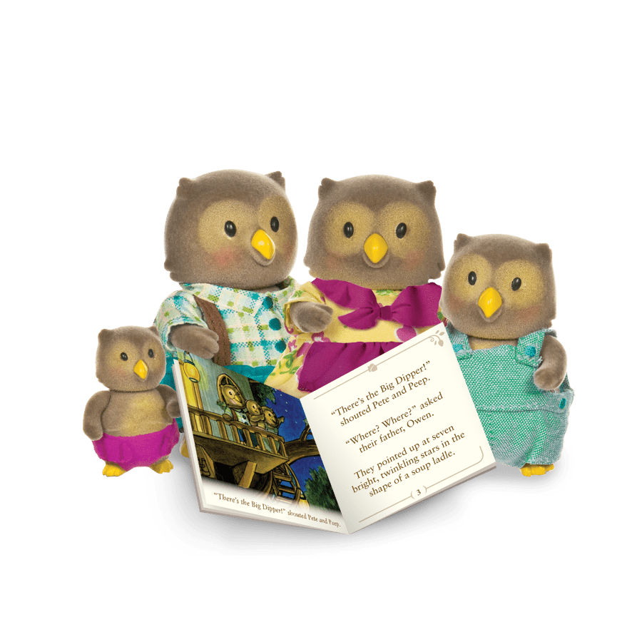 Miniature owl figurine set with storybook