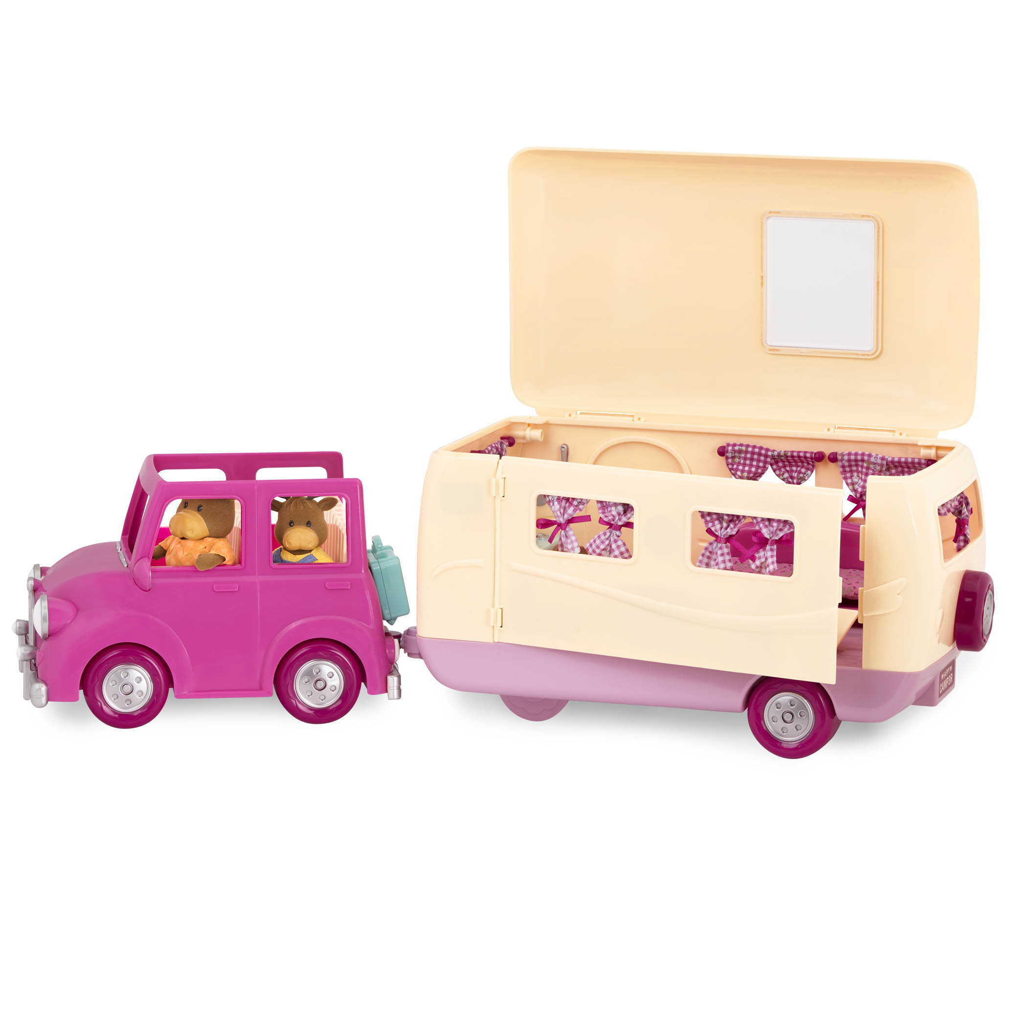 Toy camper playset with pink car and moose family inside.
