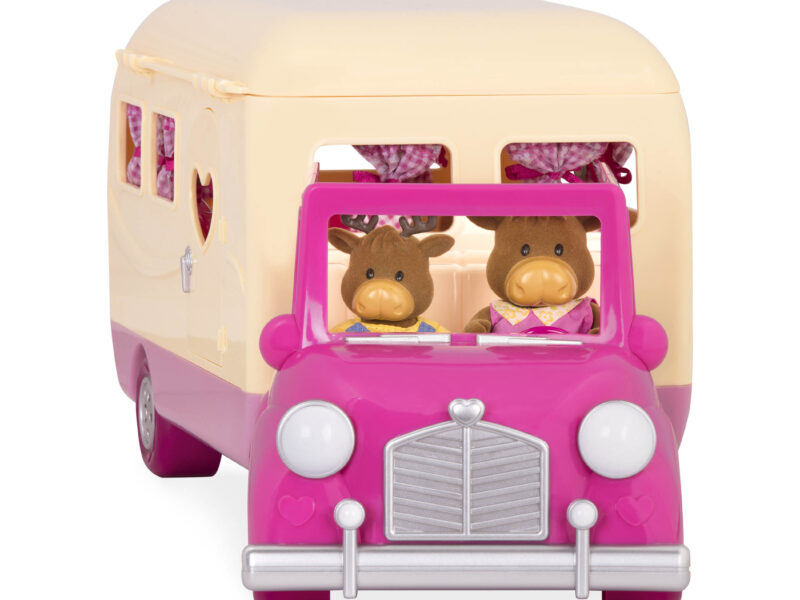 Toy camper playset with pink car and moose family inside.