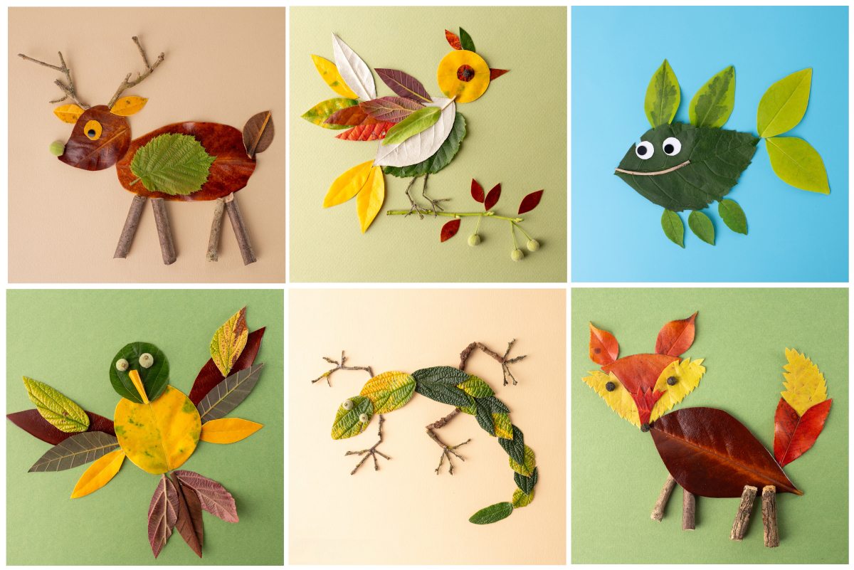 Collection of leaf art creations depicting animals crafted from natural materials. deer, bird, fish, bird. These artworks showcase creativity using natural elements highlighting the beauty of nature,