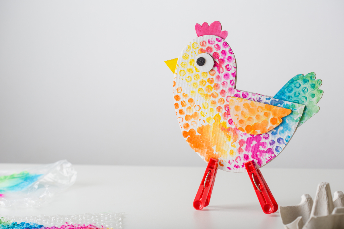chicken made of cardboard egg stand. easter decor. craft for kids.